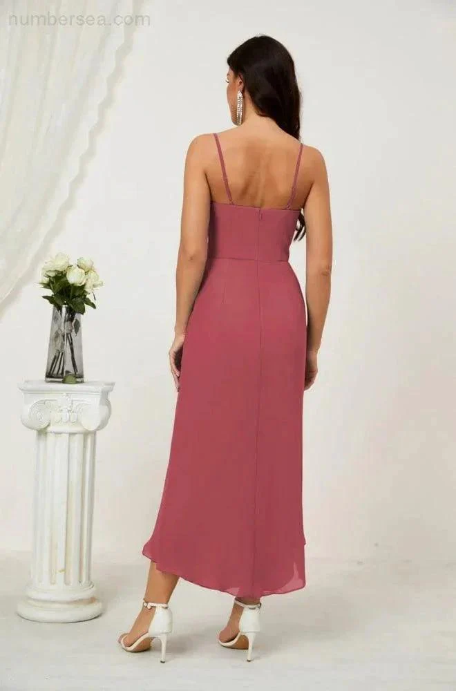 Numbersea Spaghetti Chiffon V Neck Bridesmaid Dress Mid-Length Slit Formal Prom Dress Homecoming Dress 2803 - Image 11