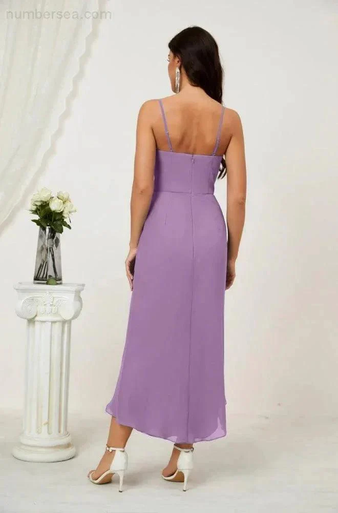 Numbersea Spaghetti Chiffon V Neck Bridesmaid Dress Mid-Length Slit Formal Prom Dress Homecoming Dress 2803 - Image 111