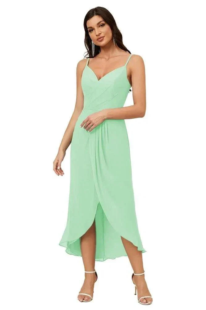 Numbersea Spaghetti Chiffon V Neck Bridesmaid Dress Mid-Length Slit Formal Prom Dress Homecoming Dress 2803 - Image 112