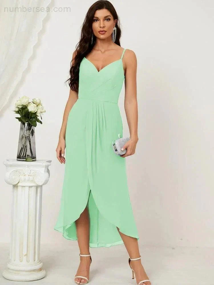 Numbersea Spaghetti Chiffon V Neck Bridesmaid Dress Mid-Length Slit Formal Prom Dress Homecoming Dress 2803 - Image 113