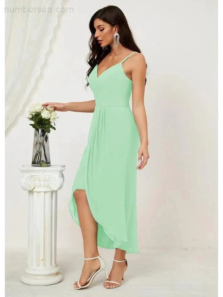 Numbersea Spaghetti Chiffon V Neck Bridesmaid Dress Mid-Length Slit Formal Prom Dress Homecoming Dress 2803 - Image 114