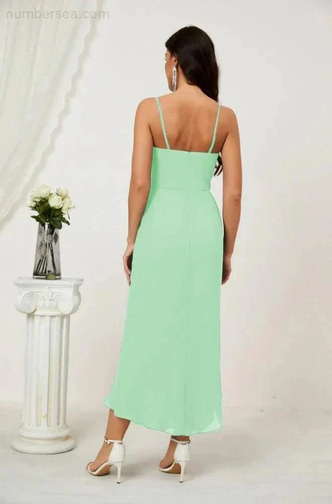 Numbersea Spaghetti Chiffon V Neck Bridesmaid Dress Mid-Length Slit Formal Prom Dress Homecoming Dress 2803 - Image 117