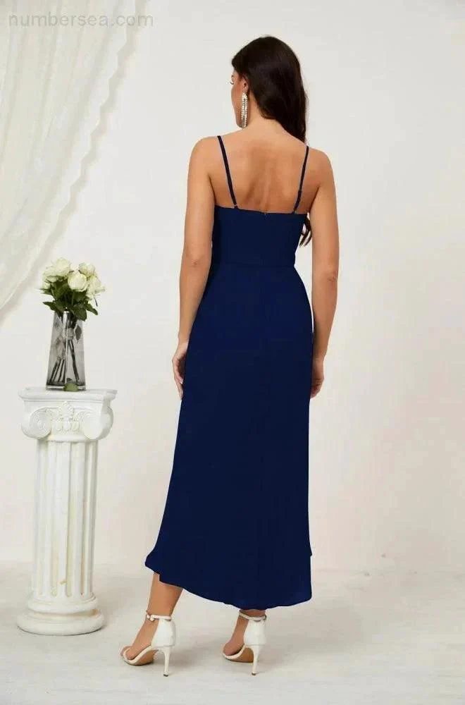 Numbersea Spaghetti Chiffon V Neck Bridesmaid Dress Mid-Length Slit Formal Prom Dress Homecoming Dress 2803 - Image 119