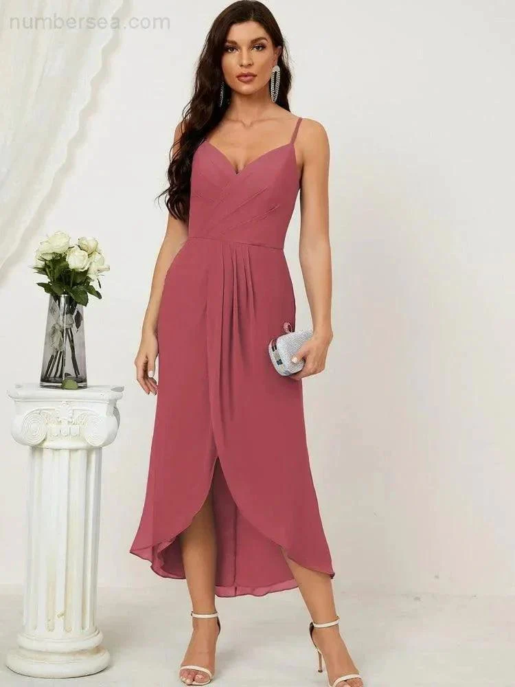 Numbersea Spaghetti Chiffon V Neck Bridesmaid Dress Mid-Length Slit Formal Prom Dress Homecoming Dress 2803 - Image 12