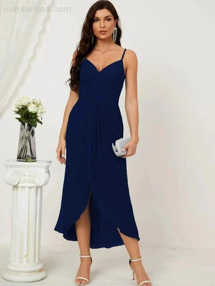 Numbersea Spaghetti Chiffon V Neck Bridesmaid Dress Mid-Length Slit Formal Prom Dress Homecoming Dress 2803 - Image 121