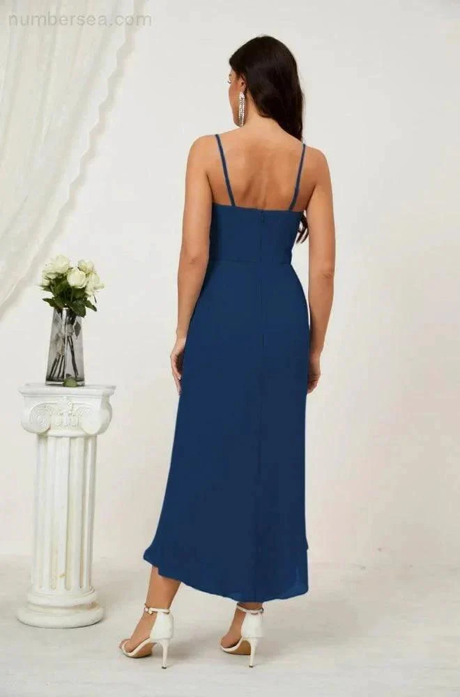 Numbersea Spaghetti Chiffon V Neck Bridesmaid Dress Mid-Length Slit Formal Prom Dress Homecoming Dress 2803 - Image 122