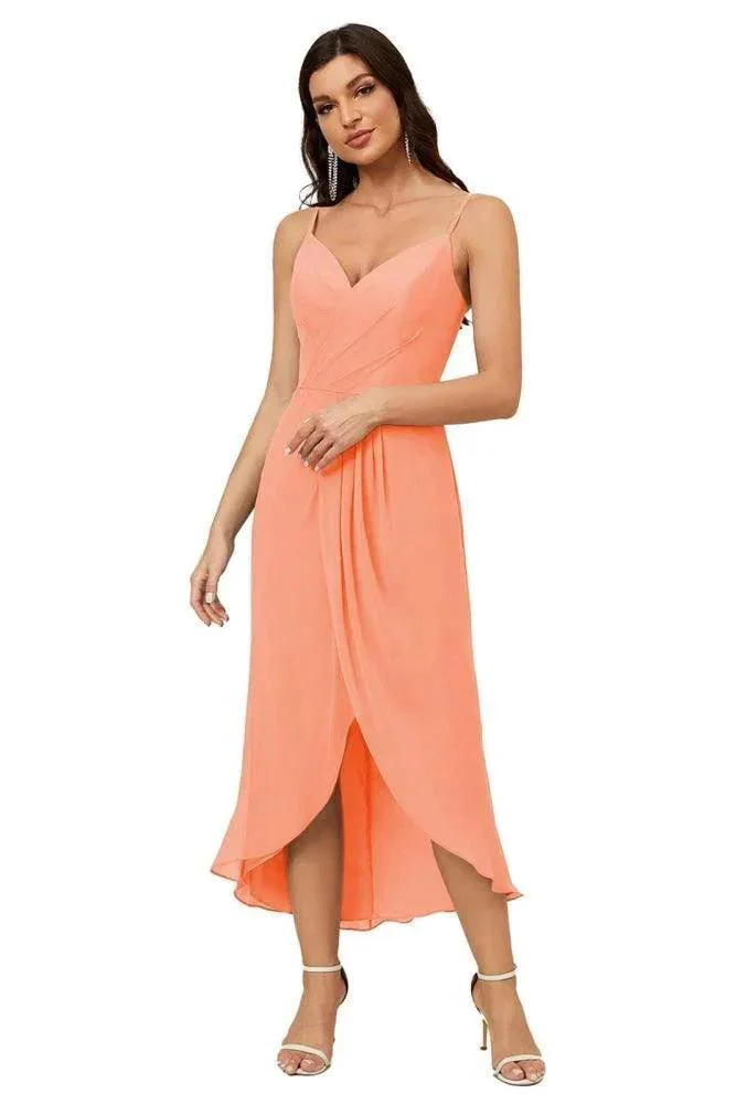Numbersea Spaghetti Chiffon V Neck Bridesmaid Dress Mid-Length Slit Formal Prom Dress Homecoming Dress 2803 - Image 123