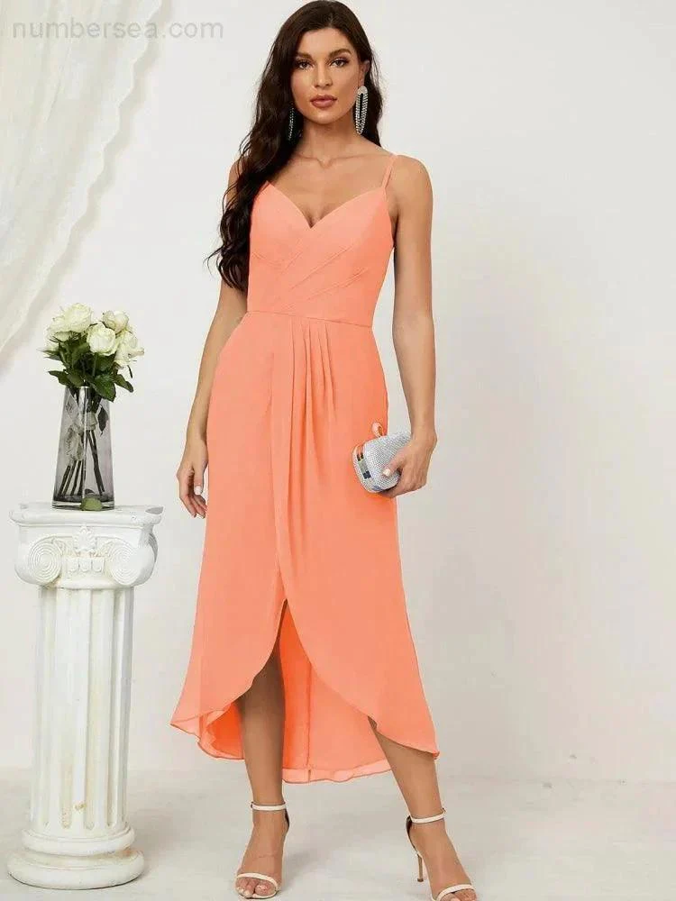Numbersea Spaghetti Chiffon V Neck Bridesmaid Dress Mid-Length Slit Formal Prom Dress Homecoming Dress 2803 - Image 124