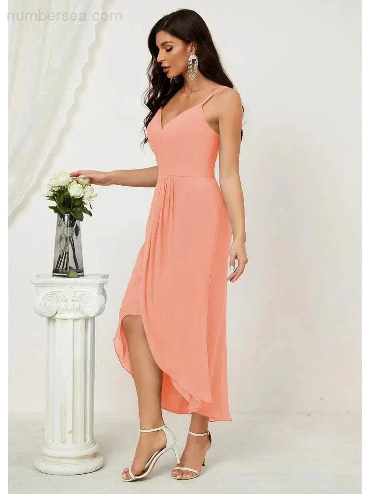Numbersea Spaghetti Chiffon V Neck Bridesmaid Dress Mid-Length Slit Formal Prom Dress Homecoming Dress 2803 - Image 125