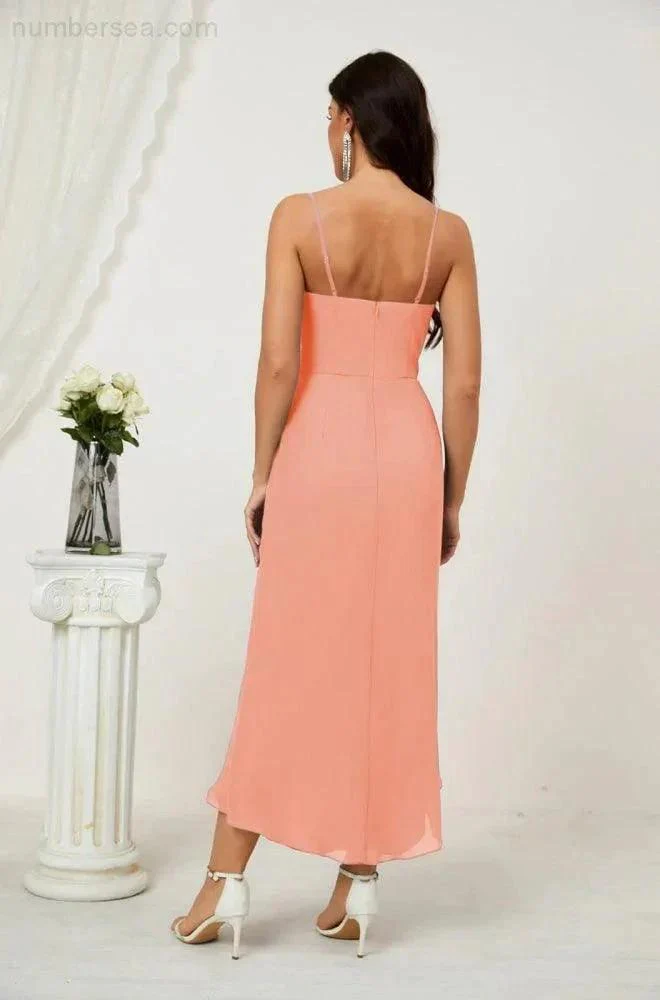 Numbersea Spaghetti Chiffon V Neck Bridesmaid Dress Mid-Length Slit Formal Prom Dress Homecoming Dress 2803 - Image 128