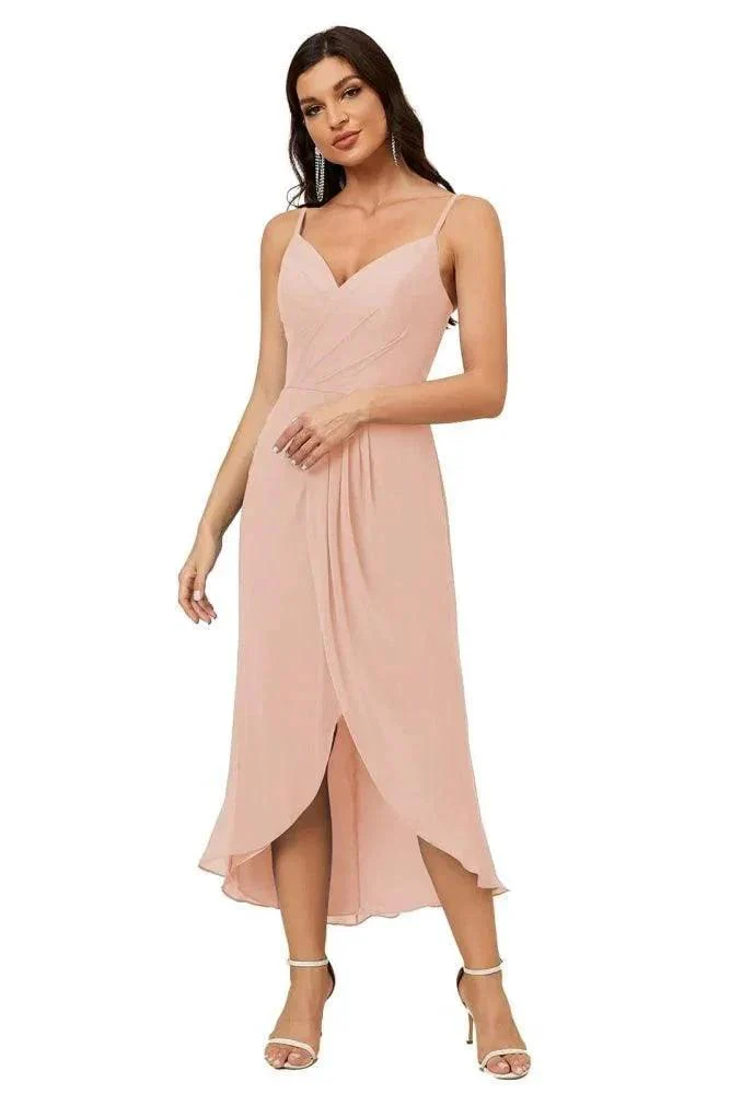 Numbersea Spaghetti Chiffon V Neck Bridesmaid Dress Mid-Length Slit Formal Prom Dress Homecoming Dress 2803 - Image 129