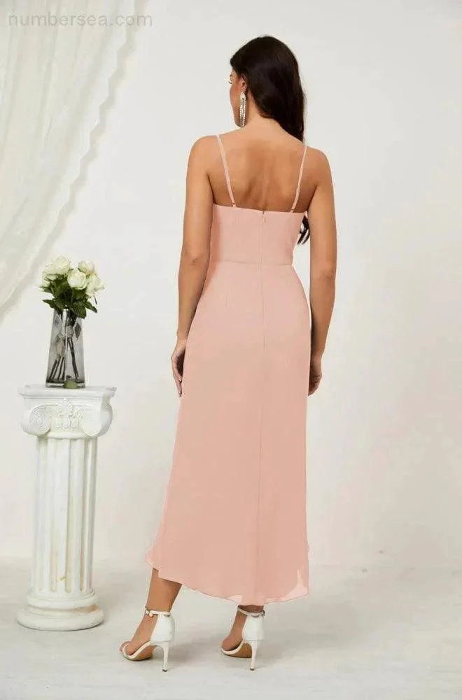 Numbersea Spaghetti Chiffon V Neck Bridesmaid Dress Mid-Length Slit Formal Prom Dress Homecoming Dress 2803 - Image 130