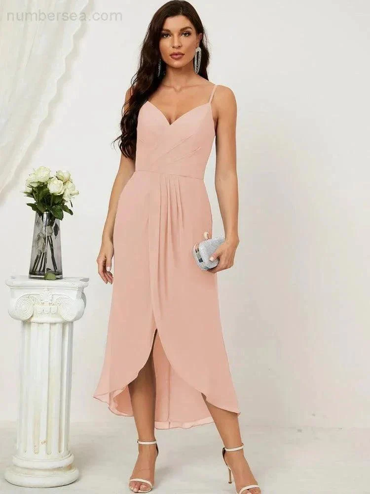 Numbersea Spaghetti Chiffon V Neck Bridesmaid Dress Mid-Length Slit Formal Prom Dress Homecoming Dress 2803 - Image 132