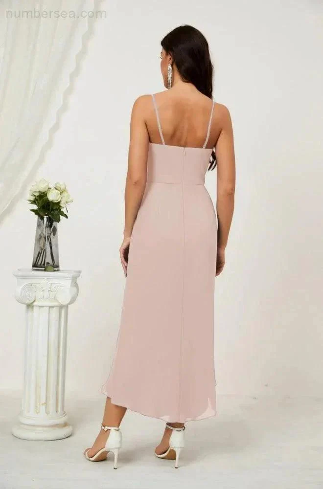 Numbersea Spaghetti Chiffon V Neck Bridesmaid Dress Mid-Length Slit Formal Prom Dress Homecoming Dress 2803 - Image 133