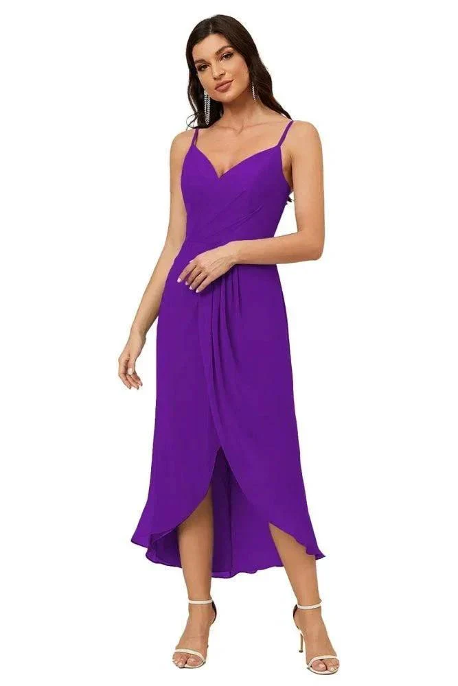 Numbersea Spaghetti Chiffon V Neck Bridesmaid Dress Mid-Length Slit Formal Prom Dress Homecoming Dress 2803 - Image 134