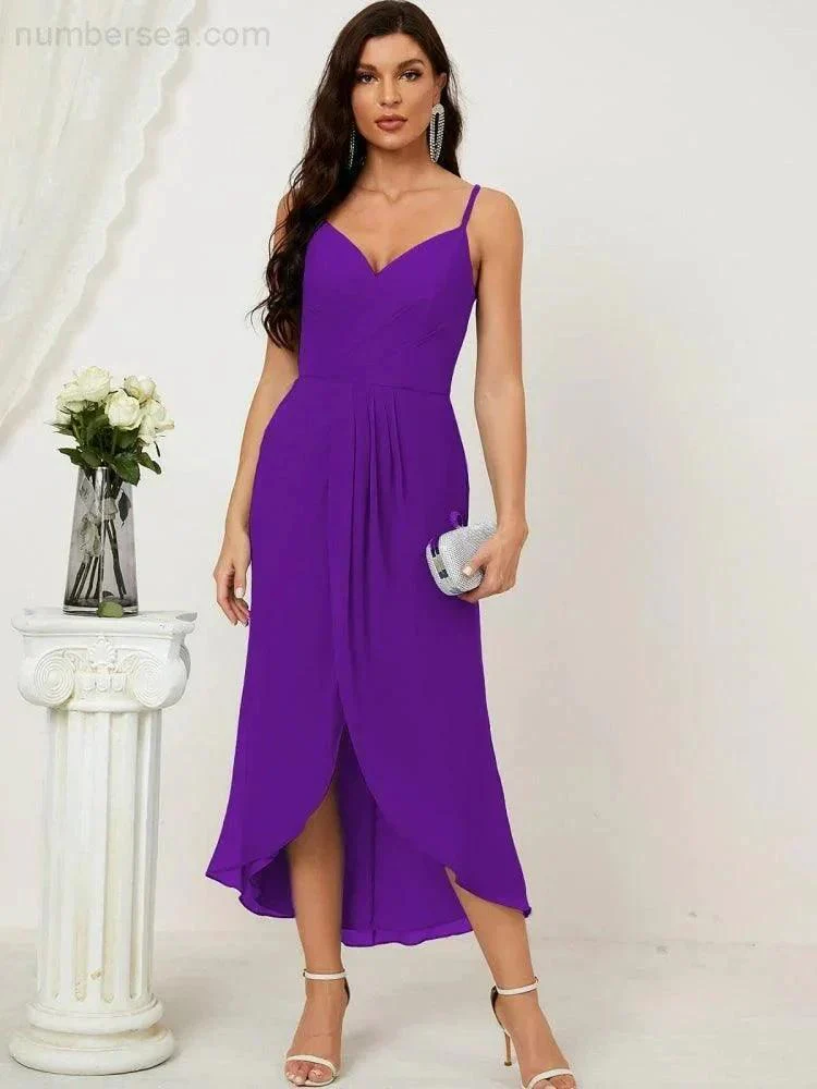 Numbersea Spaghetti Chiffon V Neck Bridesmaid Dress Mid-Length Slit Formal Prom Dress Homecoming Dress 2803 - Image 135