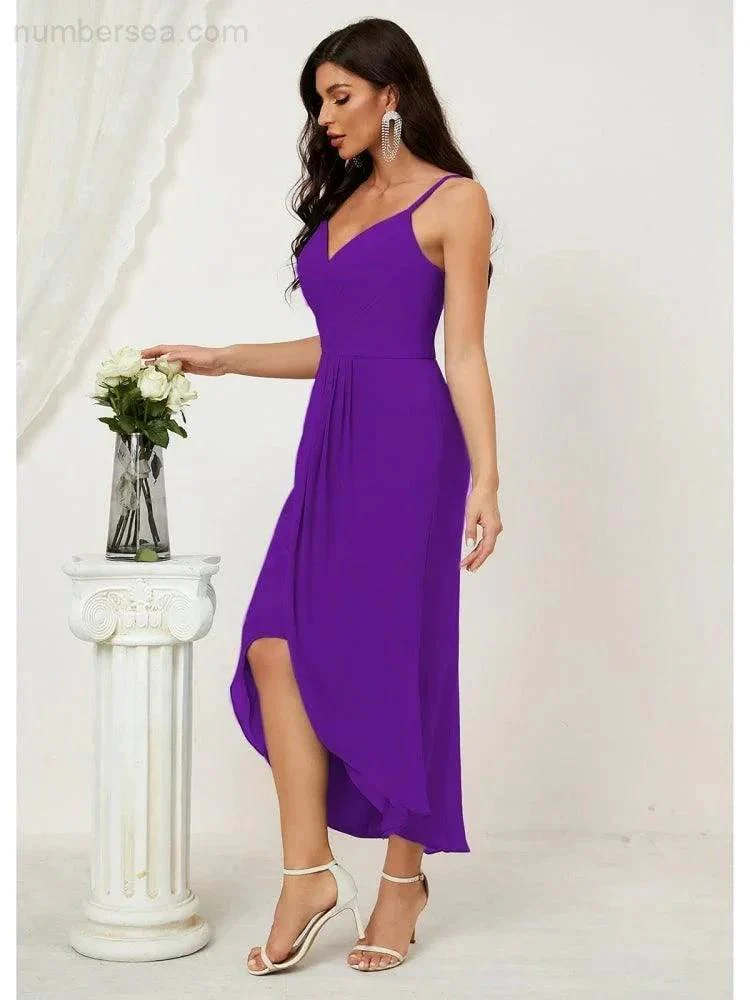 Numbersea Spaghetti Chiffon V Neck Bridesmaid Dress Mid-Length Slit Formal Prom Dress Homecoming Dress 2803 - Image 136