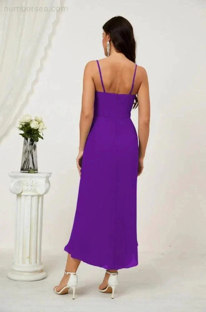 Numbersea Spaghetti Chiffon V Neck Bridesmaid Dress Mid-Length Slit Formal Prom Dress Homecoming Dress 2803 - Image 139