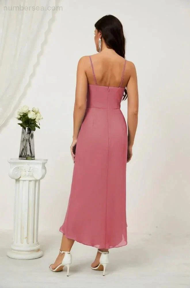 Numbersea Spaghetti Chiffon V Neck Bridesmaid Dress Mid-Length Slit Formal Prom Dress Homecoming Dress 2803 - Image 14