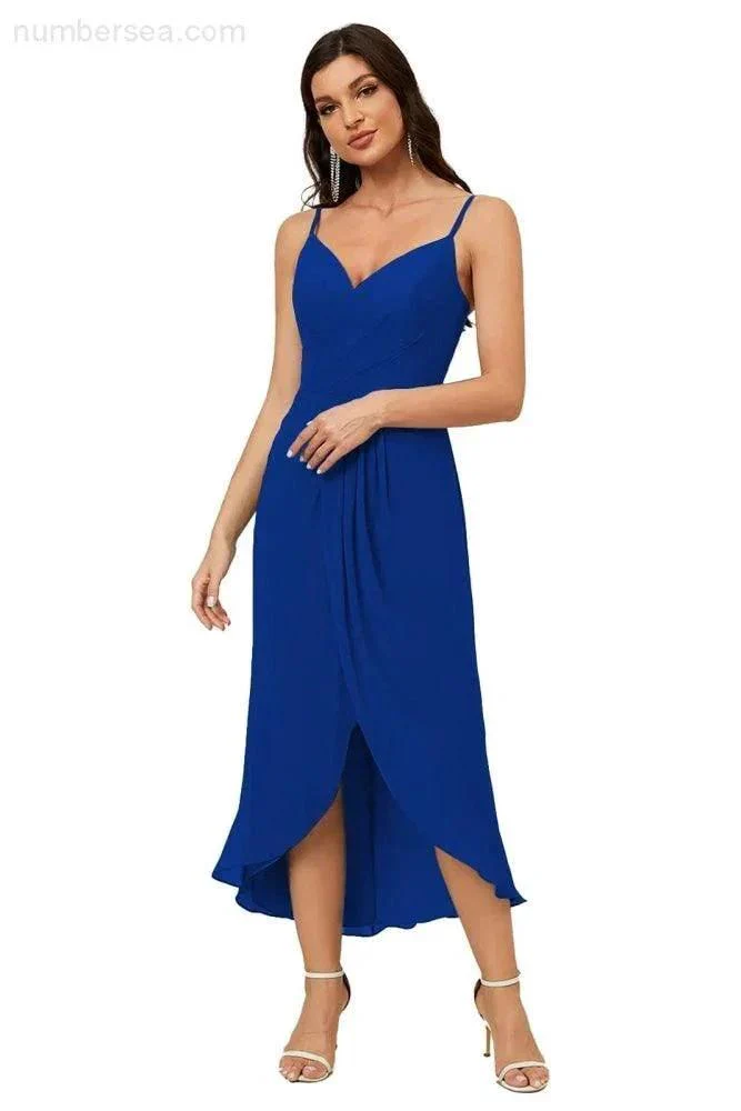 Numbersea Spaghetti Chiffon V Neck Bridesmaid Dress Mid-Length Slit Formal Prom Dress Homecoming Dress 2803 - Image 140