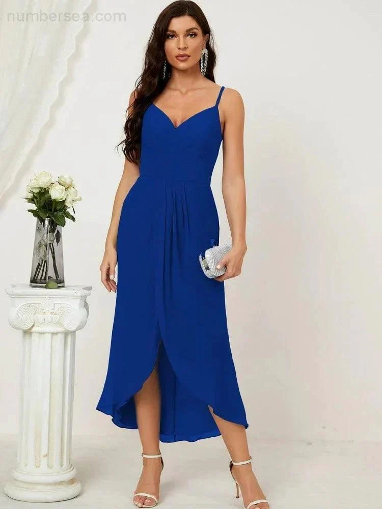 Numbersea Spaghetti Chiffon V Neck Bridesmaid Dress Mid-Length Slit Formal Prom Dress Homecoming Dress 2803 - Image 141
