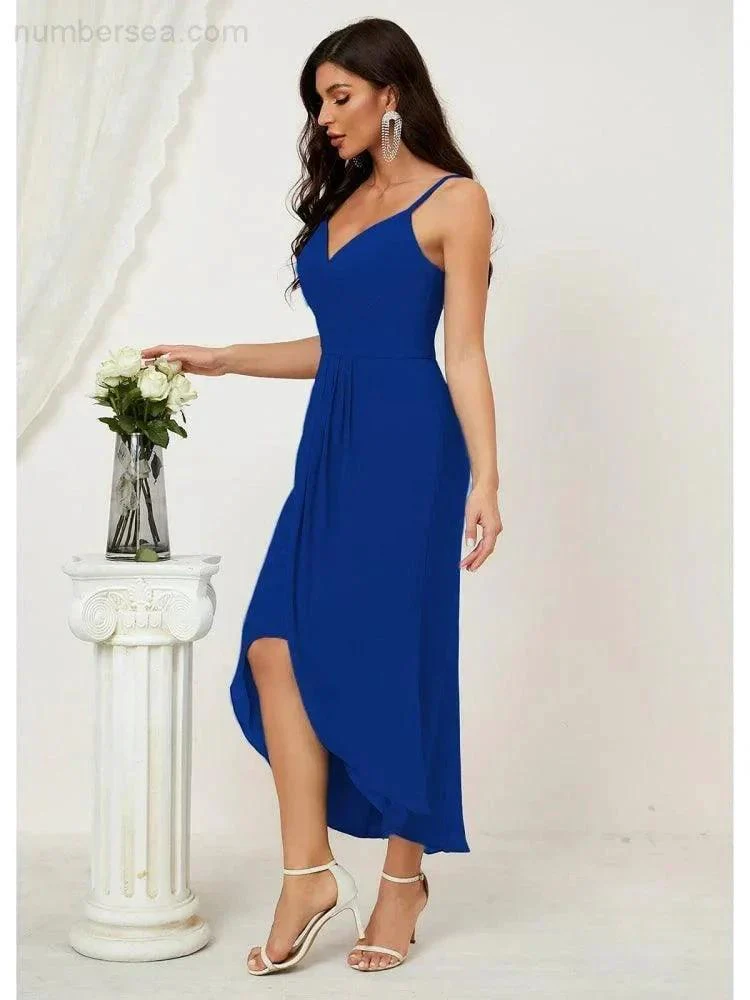 Numbersea Spaghetti Chiffon V Neck Bridesmaid Dress Mid-Length Slit Formal Prom Dress Homecoming Dress 2803 - Image 142