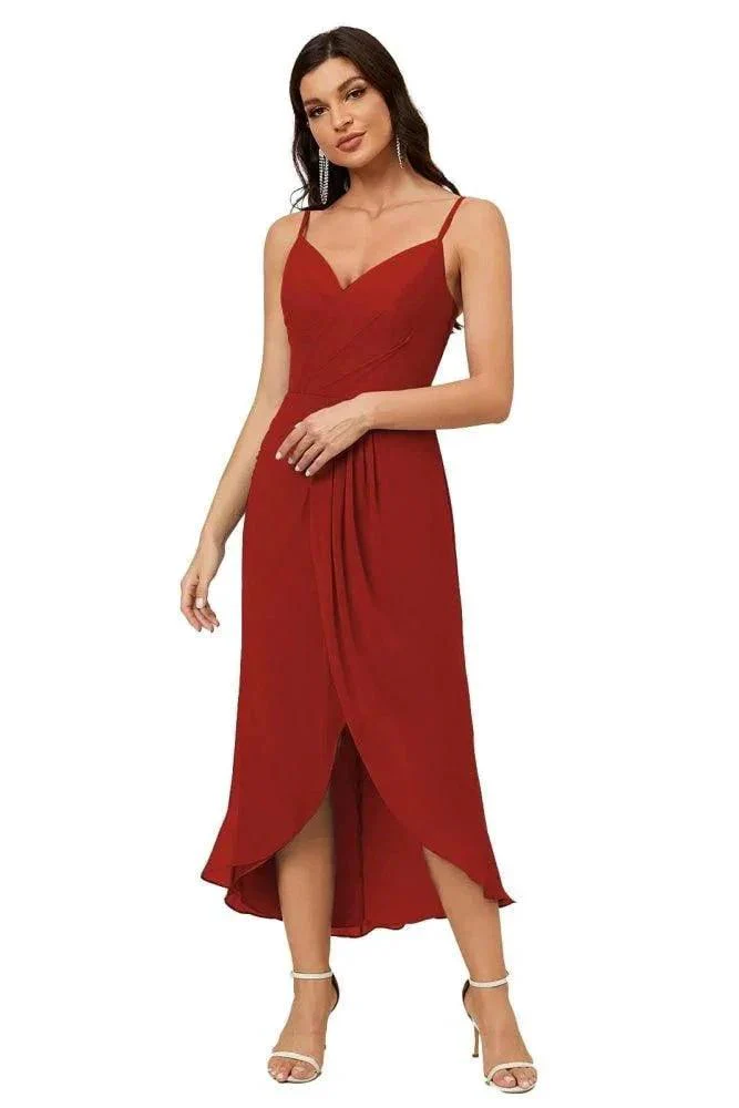 Numbersea Spaghetti Chiffon V Neck Bridesmaid Dress Mid-Length Slit Formal Prom Dress Homecoming Dress 2803 - Image 146
