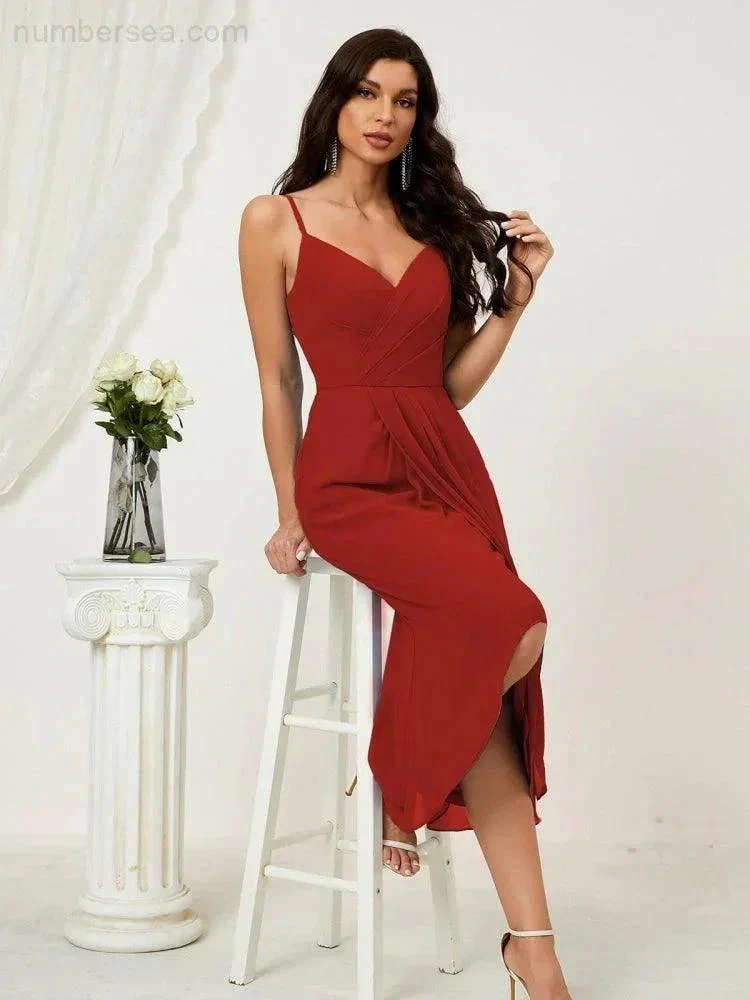Numbersea Spaghetti Chiffon V Neck Bridesmaid Dress Mid-Length Slit Formal Prom Dress Homecoming Dress 2803 - Image 148