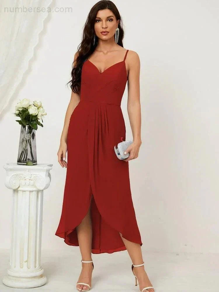 Numbersea Spaghetti Chiffon V Neck Bridesmaid Dress Mid-Length Slit Formal Prom Dress Homecoming Dress 2803 - Image 149