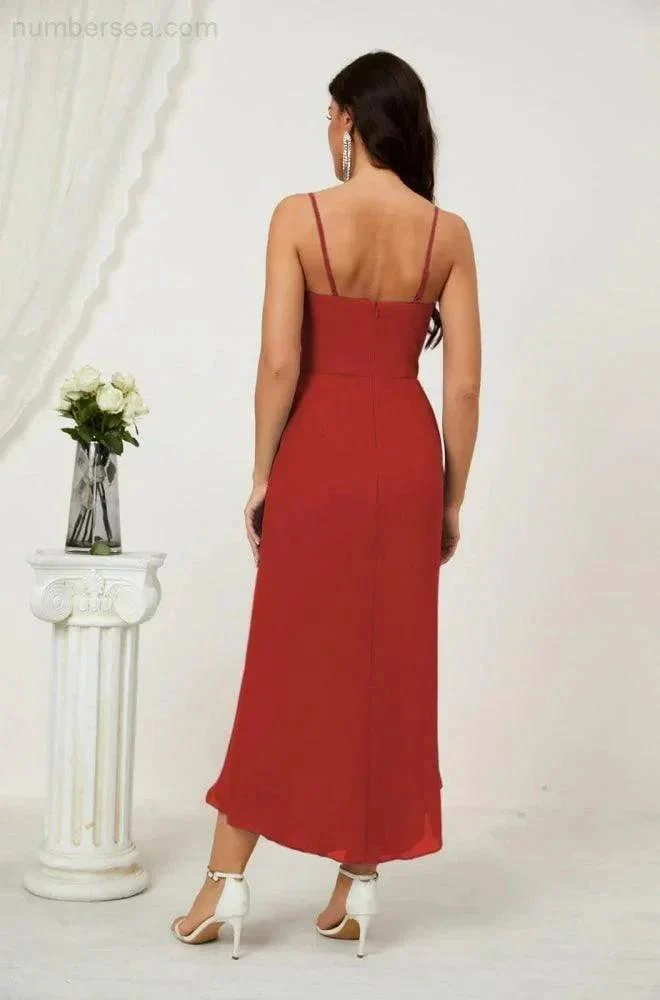 Numbersea Spaghetti Chiffon V Neck Bridesmaid Dress Mid-Length Slit Formal Prom Dress Homecoming Dress 2803 - Image 150