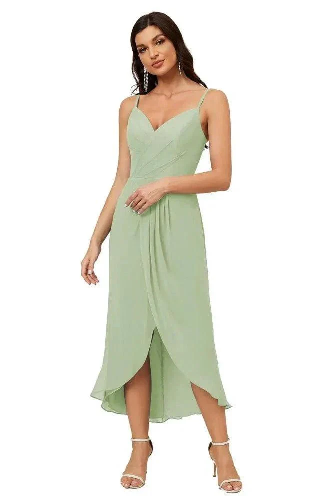 Numbersea Spaghetti Chiffon V Neck Bridesmaid Dress Mid-Length Slit Formal Prom Dress Homecoming Dress 2803 - Image 151
