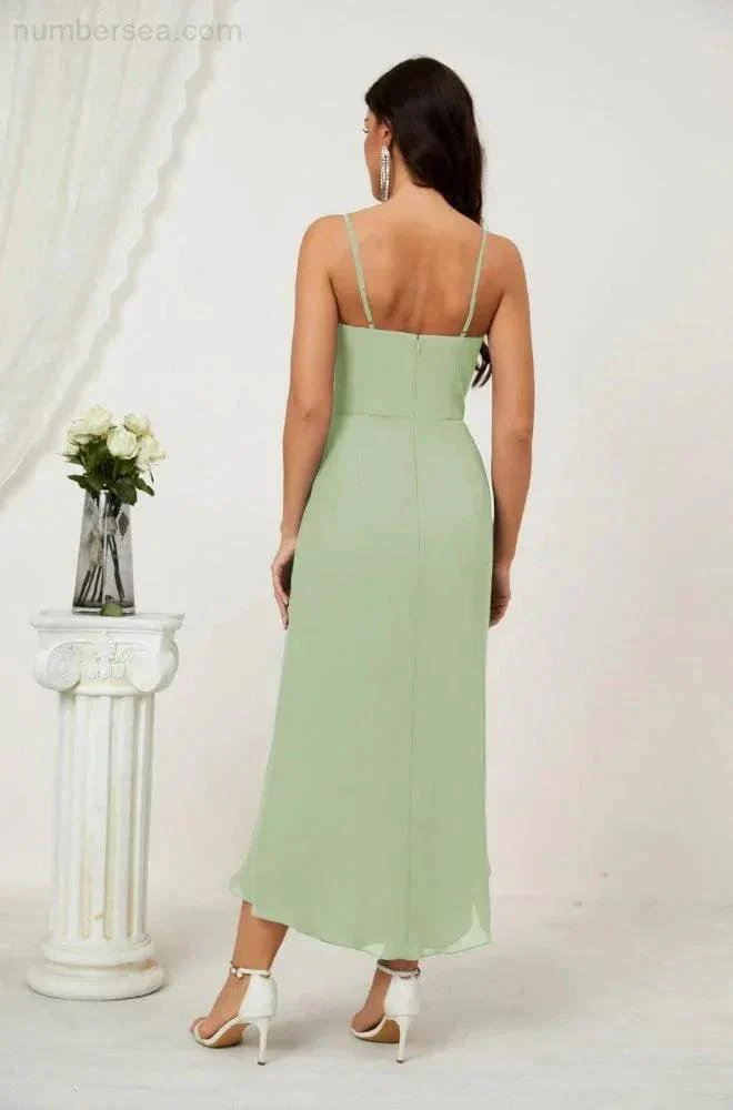 Numbersea Spaghetti Chiffon V Neck Bridesmaid Dress Mid-Length Slit Formal Prom Dress Homecoming Dress 2803 - Image 152