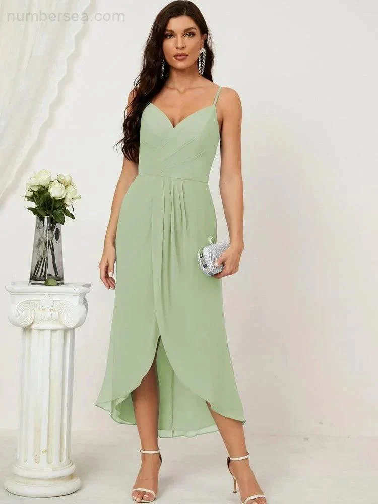 Numbersea Spaghetti Chiffon V Neck Bridesmaid Dress Mid-Length Slit Formal Prom Dress Homecoming Dress 2803 - Image 154