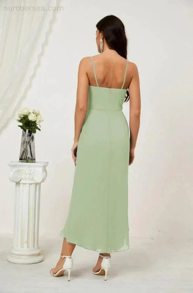 Numbersea Spaghetti Chiffon V Neck Bridesmaid Dress Mid-Length Slit Formal Prom Dress Homecoming Dress 2803 - Image 155