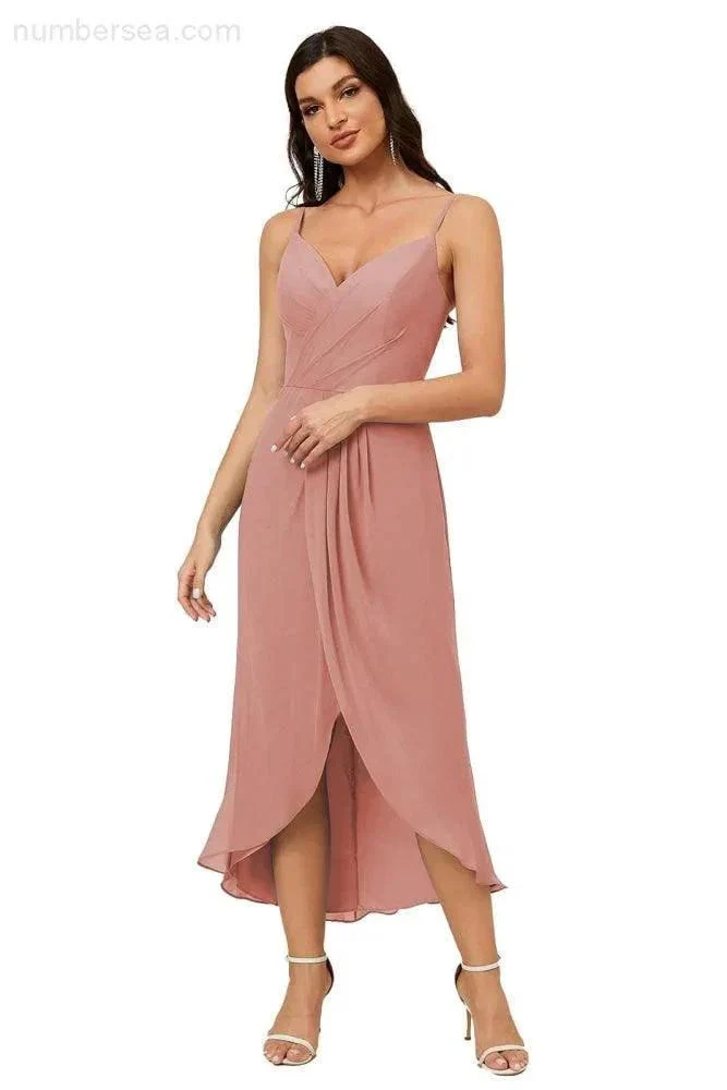 Numbersea Spaghetti Chiffon V Neck Bridesmaid Dress Mid-Length Slit Formal Prom Dress Homecoming Dress 2803 - Image 156