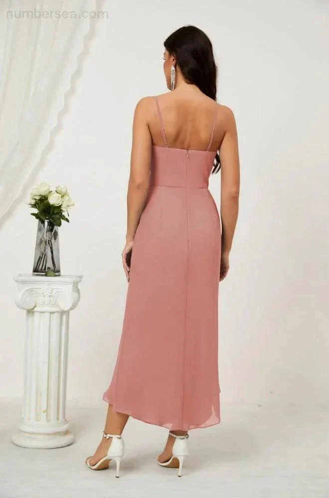 Numbersea Spaghetti Chiffon V Neck Bridesmaid Dress Mid-Length Slit Formal Prom Dress Homecoming Dress 2803 - Image 157