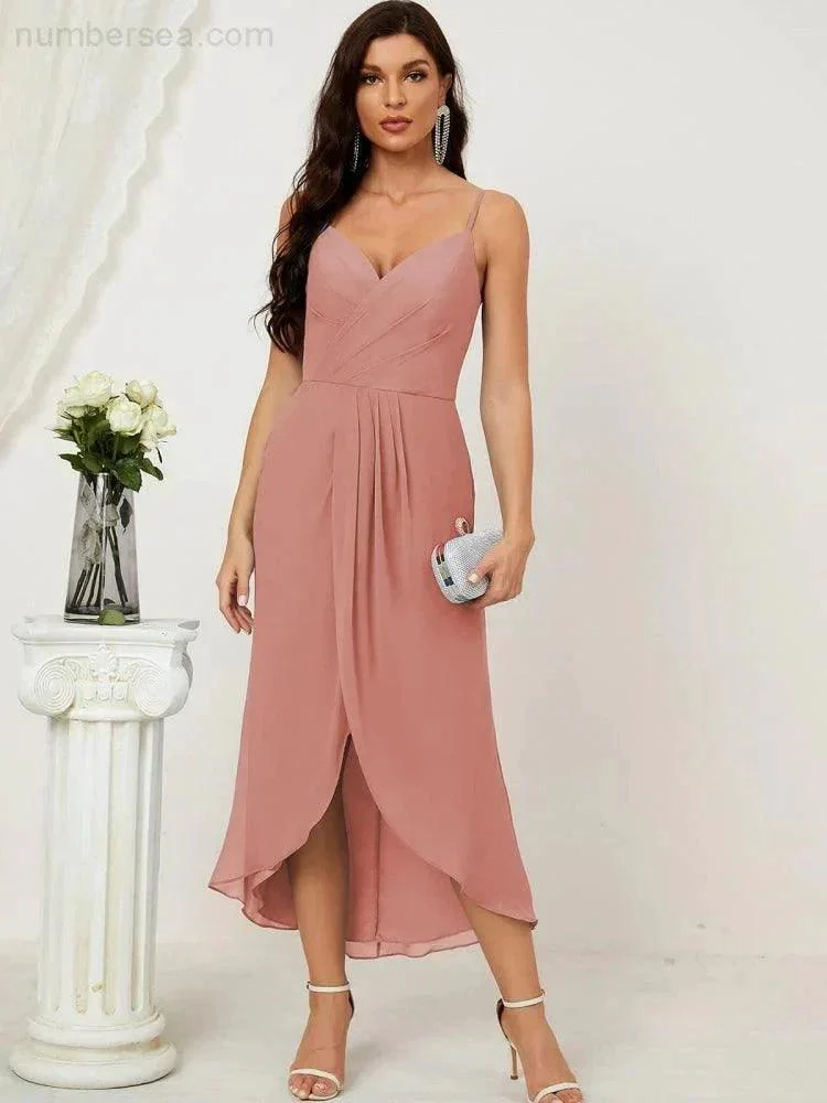 Numbersea Spaghetti Chiffon V Neck Bridesmaid Dress Mid-Length Slit Formal Prom Dress Homecoming Dress 2803 - Image 159