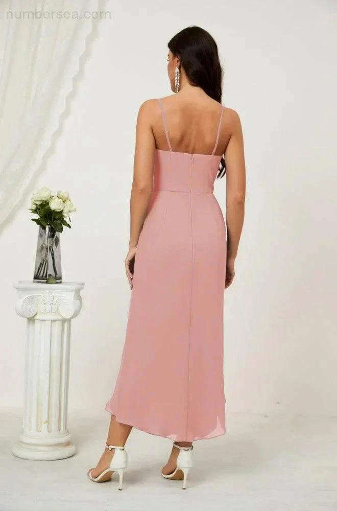 Numbersea Spaghetti Chiffon V Neck Bridesmaid Dress Mid-Length Slit Formal Prom Dress Homecoming Dress 2803 - Image 160