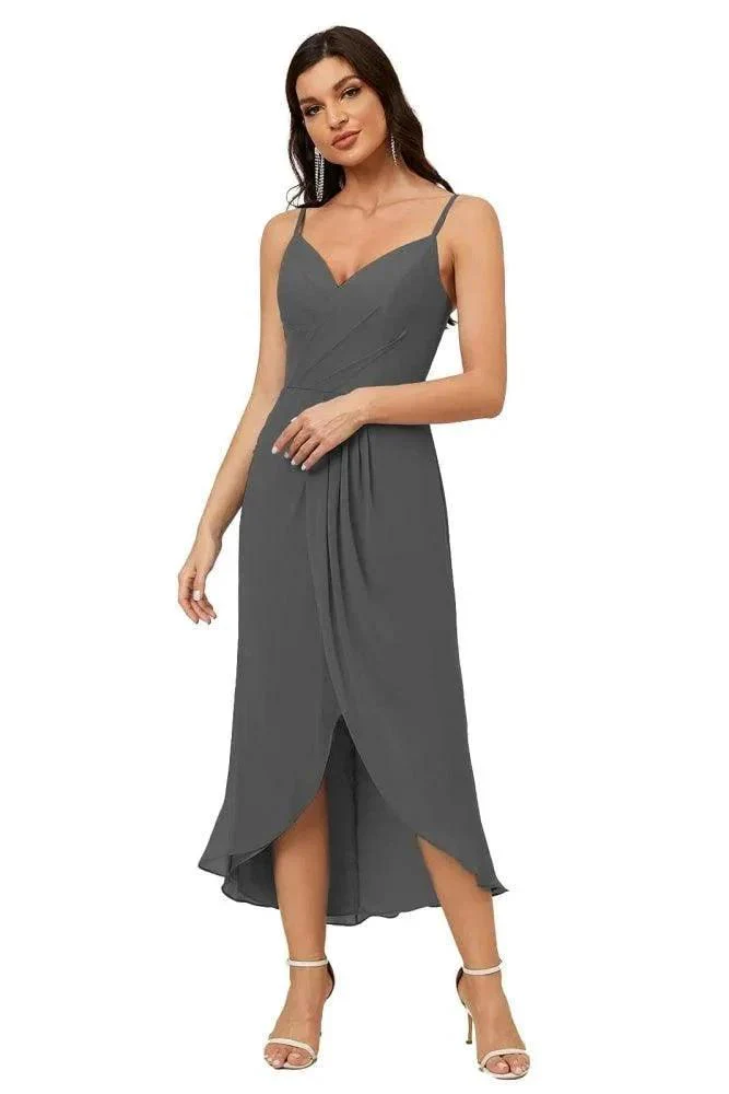 Numbersea Spaghetti Chiffon V Neck Bridesmaid Dress Mid-Length Slit Formal Prom Dress Homecoming Dress 2803 - Image 161