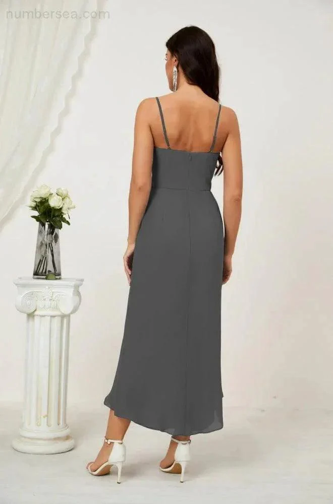Numbersea Spaghetti Chiffon V Neck Bridesmaid Dress Mid-Length Slit Formal Prom Dress Homecoming Dress 2803 - Image 162