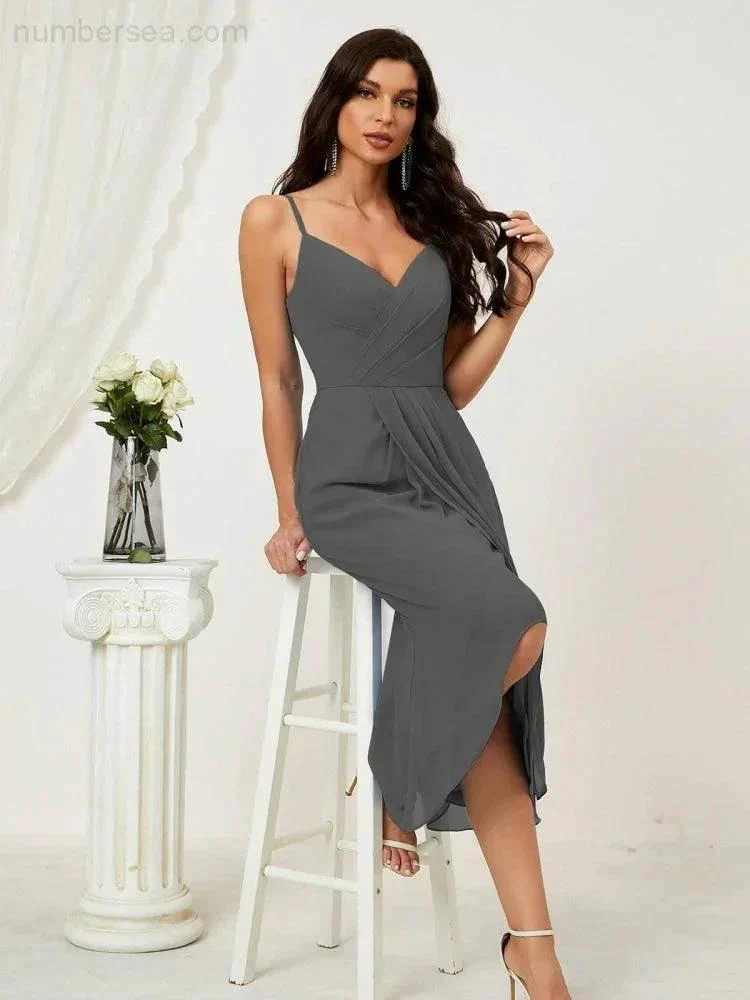 Numbersea Spaghetti Chiffon V Neck Bridesmaid Dress Mid-Length Slit Formal Prom Dress Homecoming Dress 2803 - Image 163