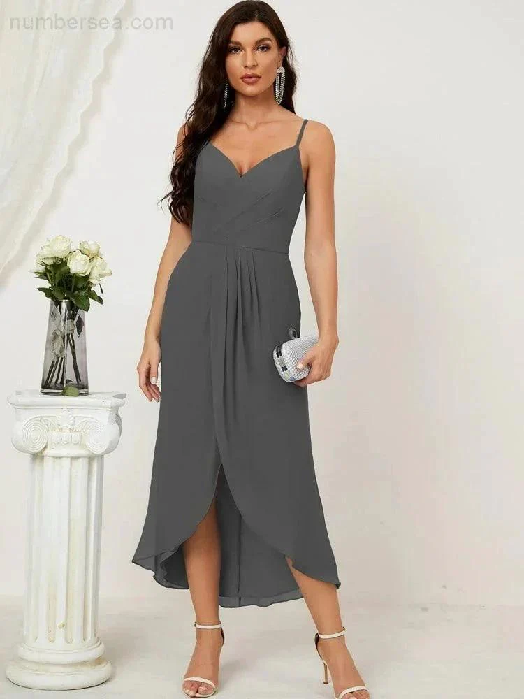 Numbersea Spaghetti Chiffon V Neck Bridesmaid Dress Mid-Length Slit Formal Prom Dress Homecoming Dress 2803 - Image 164