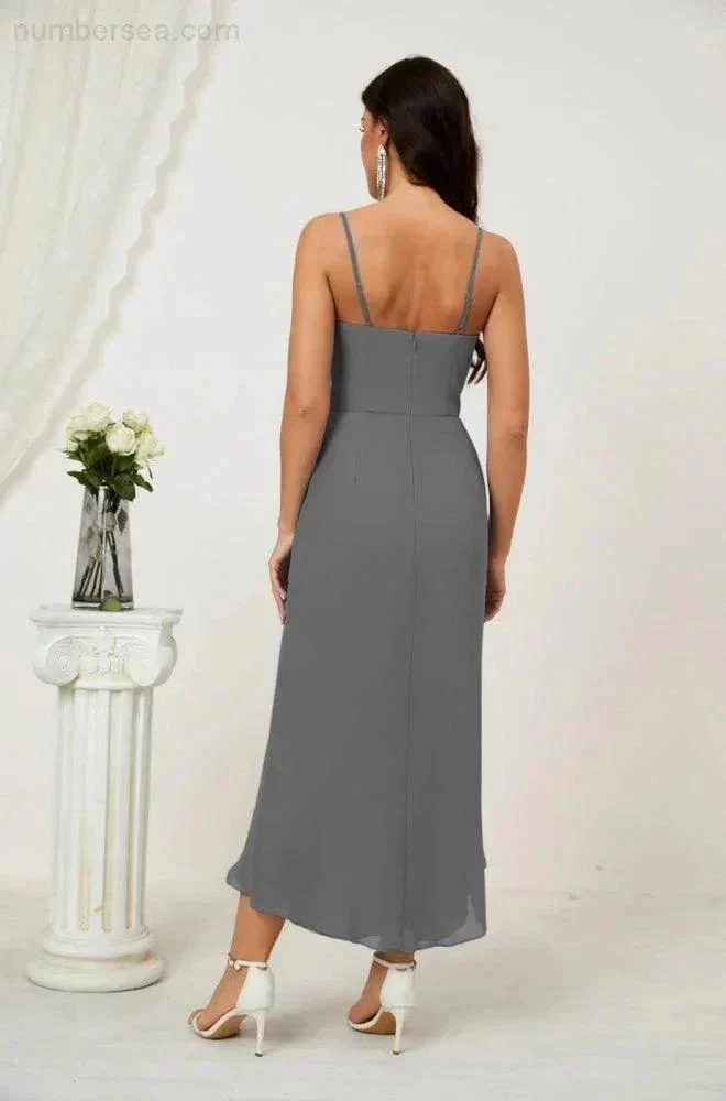 Numbersea Spaghetti Chiffon V Neck Bridesmaid Dress Mid-Length Slit Formal Prom Dress Homecoming Dress 2803 - Image 165