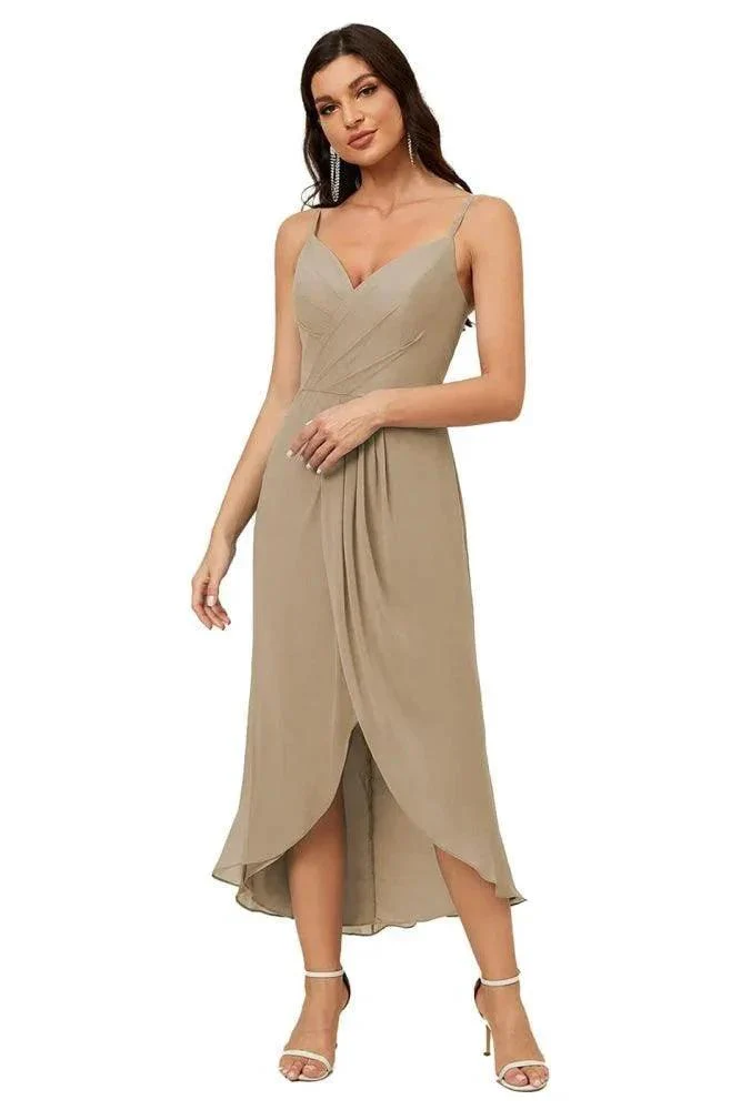 Numbersea Spaghetti Chiffon V Neck Bridesmaid Dress Mid-Length Slit Formal Prom Dress Homecoming Dress 2803 - Image 166