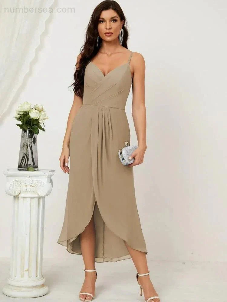 Numbersea Spaghetti Chiffon V Neck Bridesmaid Dress Mid-Length Slit Formal Prom Dress Homecoming Dress 2803 - Image 167