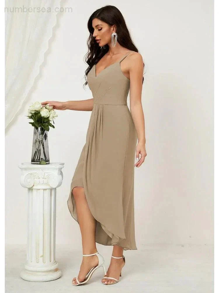 Numbersea Spaghetti Chiffon V Neck Bridesmaid Dress Mid-Length Slit Formal Prom Dress Homecoming Dress 2803 - Image 168