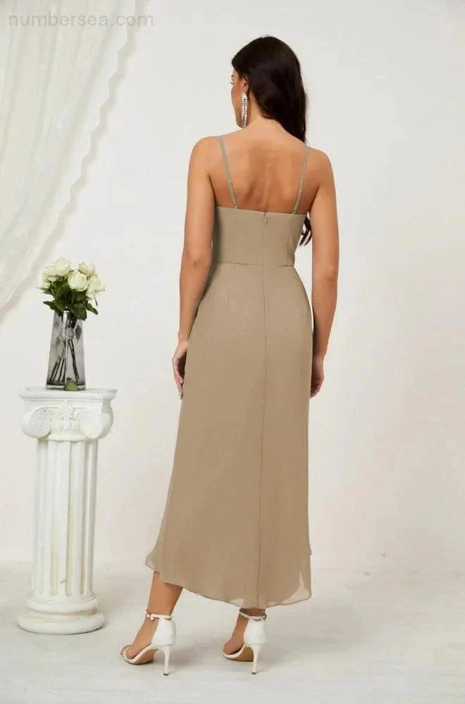 Numbersea Spaghetti Chiffon V Neck Bridesmaid Dress Mid-Length Slit Formal Prom Dress Homecoming Dress 2803 - Image 171