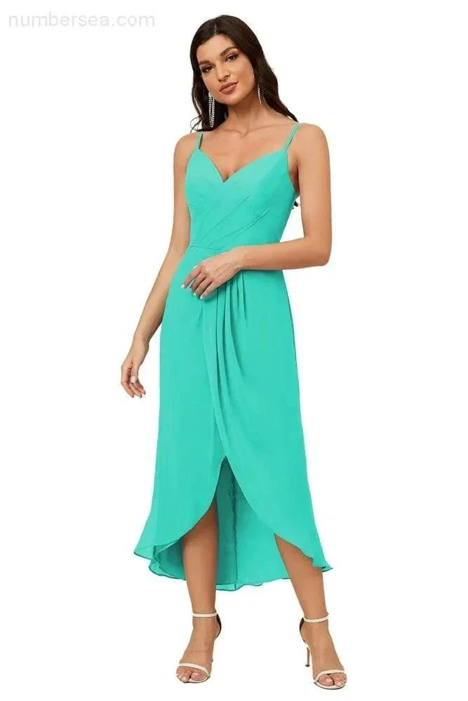 Numbersea Spaghetti Chiffon V Neck Bridesmaid Dress Mid-Length Slit Formal Prom Dress Homecoming Dress 2803 - Image 172