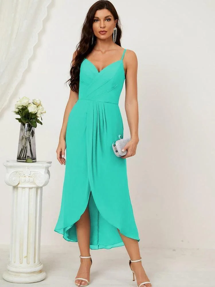 Numbersea Spaghetti Chiffon V Neck Bridesmaid Dress Mid-Length Slit Formal Prom Dress Homecoming Dress 2803 - Image 173