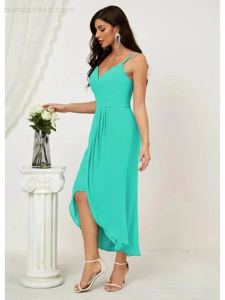 Numbersea Spaghetti Chiffon V Neck Bridesmaid Dress Mid-Length Slit Formal Prom Dress Homecoming Dress 2803 - Image 174
